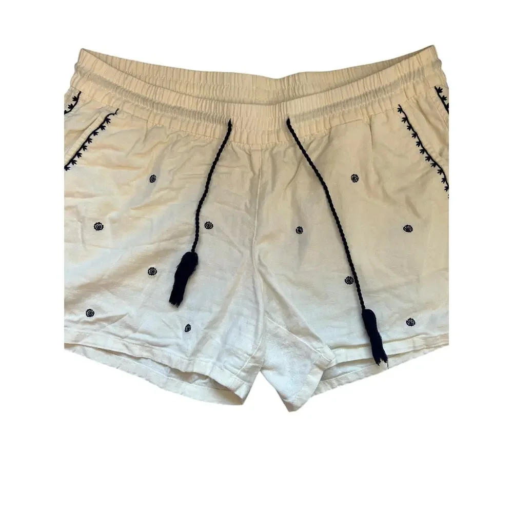 Old Navy Drawstring Linen Blend Shorts‎ White Blue Boho Embroidered Large